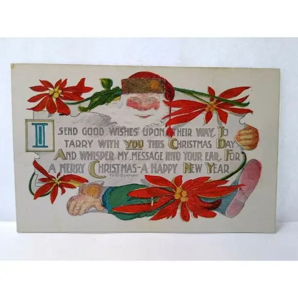 Santa Claus Christmas Postcard HB Spencer Fantasy Poinsettias 1914 Martinsburg